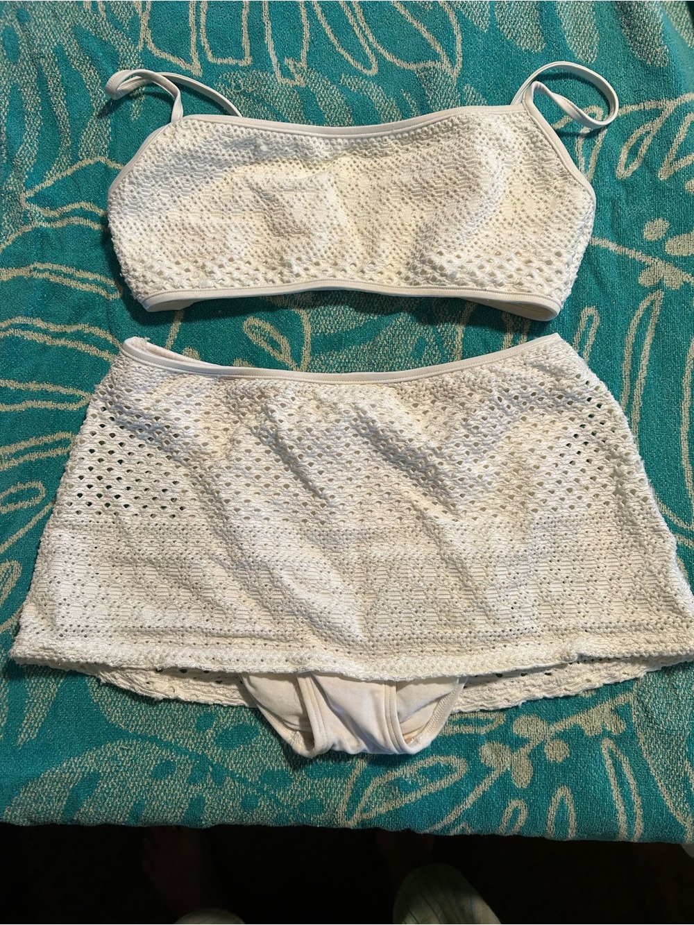 Vintage White Crochet Bandeau Bikini Set with Skirted Bottom by Baja Blue.